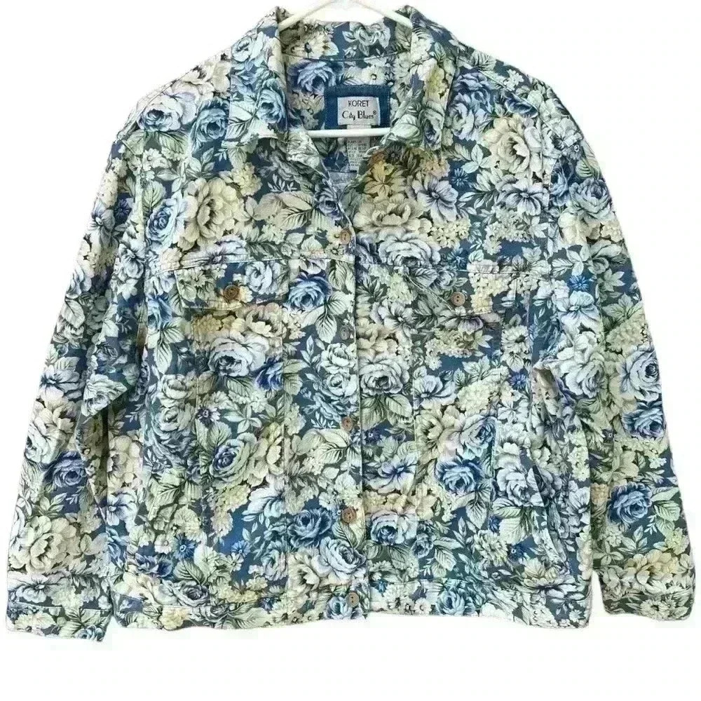 Koret Floral Print Jean Jacket in Blue and Cream